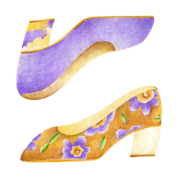 ilustrações, clipart, desenhos animados e ícones de ilustração de moda de sapatos da moda com padrões roxos e florais desenhados com lápis coloridos - chunky heels