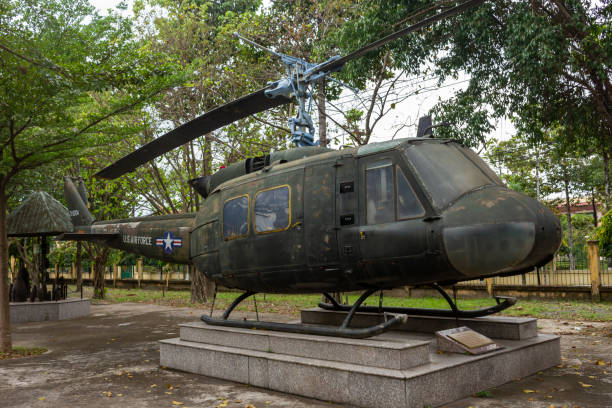 Bell UH-1 Iroquois Helicopter On Display At A Museum In Binh Duong, Vietnam. Binh Duong, Vietnam - November 16, 2021 : Bell UH-1 Iroquois Helicopter On Display At A Museum In Binh Duong. uh 1 helicopter stock pictures, royalty-free photos & images