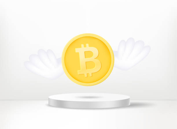 istock Flying bitcoin coins with the wings above the stage. 3d vector concept 1400942614
