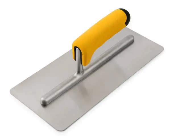Plaster spatula trowel, tool for construction or plasterboard work, with yellow handle isolated on white background.