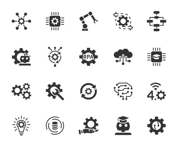 Vector set of process automation flat icons. Contains icons robotic, algorithm, innovation, artificial intelligence, big data, machine learning and more. Pixel perfect. Vector set of process automation flat icons. Contains icons robotic, algorithm, innovation, artificial intelligence, big data, machine learning and more. Pixel perfect. robotics stock illustrations