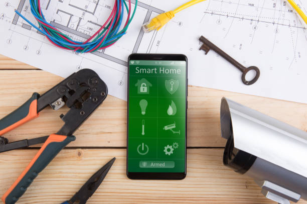 istock Home security concept smartphone with smart home app and surveillance cctv camera on the desk 1400945535