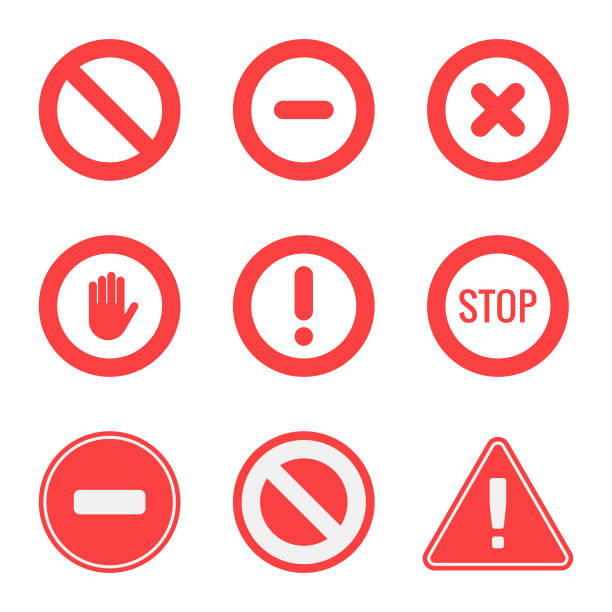 ilustraciones, imágenes clip art, dibujos animados e iconos de stock de sin señal, sin entrada, parada y conjunto de iconos de advertencia. - road sign symbol stop stop gesture