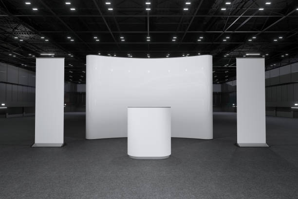 Exhibition stand for mockup and Corporate identity,Display design.Empty booth Design.Retail booth elements in Exhibition hall.booth Design trade show.Blank Booth system of Graphic Resources.3d Background for online Event,conference,live.3d render.