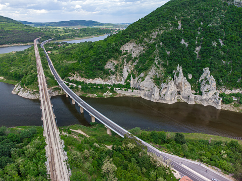 Wonderful Rocks or Chudnite Skali. Aerial view of a bridges crossing the Tsonevo lake, Bulgaria.