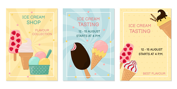 Set of posters with ice cream tasting invitations and ice cream shop.