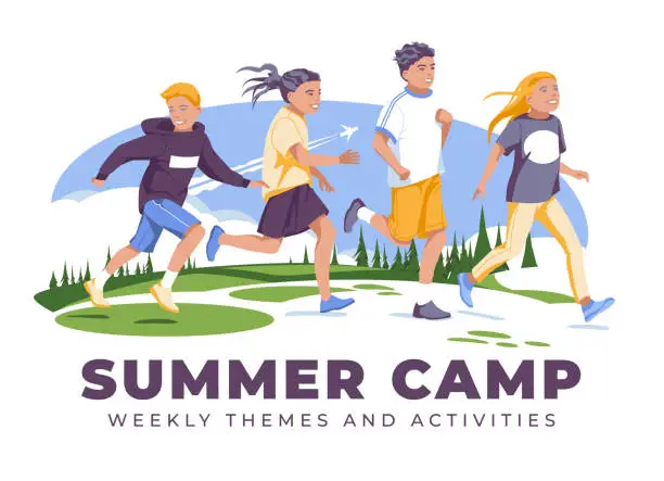 Vector illustration of Summer camp for schoolchildren. Happy children running and jumping on the background of an open field with coniferous forest and sky. Flat vector illustration