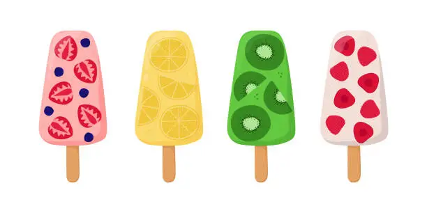 Vector illustration of Set of fruit popsicle, berry and fruit ice creams.