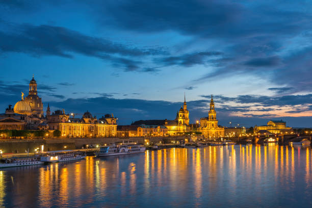 istock Dresden Germany, night city skyline at Elbe River and Augustus Bridge 1400959935