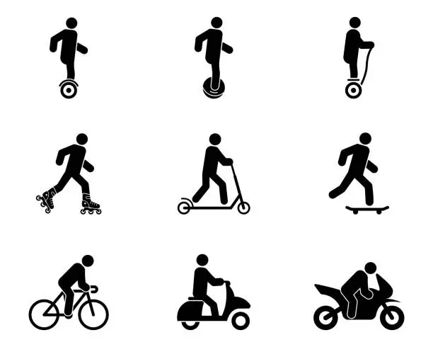 Vector illustration of Electric Urban Transport Rent Black Silhouette Icon Set. Man Gyroscooter Bike Roller Skate Board Kick Scooter Unicycle Glyph Pictogram. Eco Device Transportation Symbol. Isolated Vector Illustration