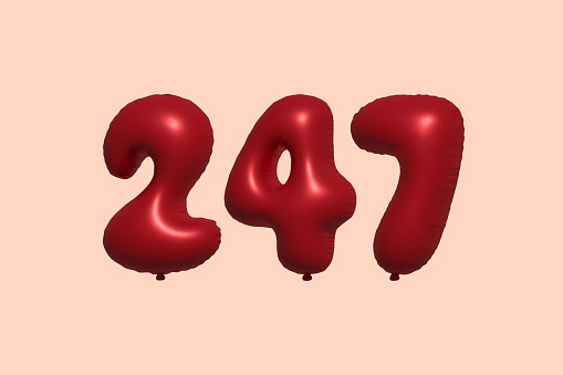247 3d number balloon made of realistic metallic air balloon 3d rendering. 3D Red helium balloons for sale decoration Party Birthday, Celebrate anniversary, Wedding Holiday. Vector illustration