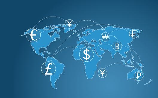Illustrations and background images with foreign currency.  in the concept of money transfer.  Currency exchange.  Global business.  Financial technology.  Online interbank payments.
