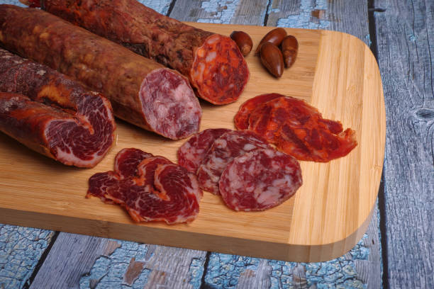 lomito, iberian sausage and chorizo on a cutting board, on a gray table and adorned with acorns - bologna imagens e fotografias de stock