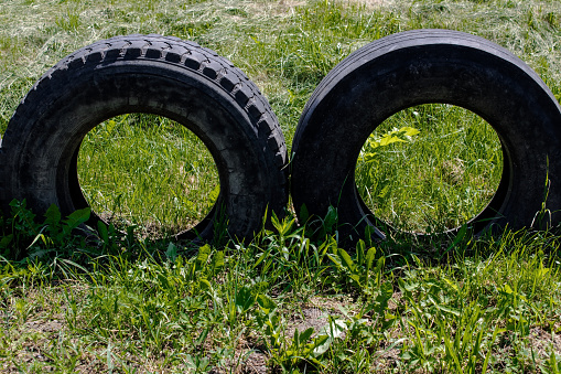Two old big tires on a green lawn