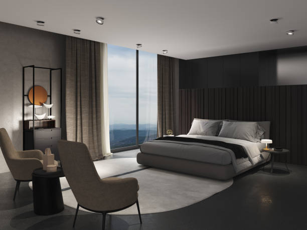 istock 3d illustration. Room with dark walls and large window 1400961314