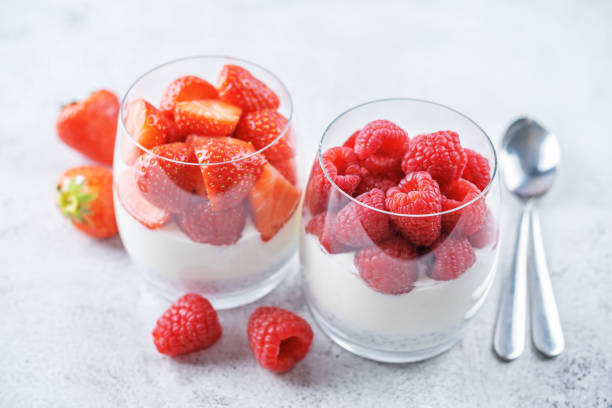istock Greek yogurt Chia seeds strawberry and raspberry parfait in a glass 1400962811