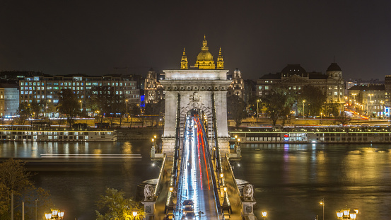 Budapest, Hungary-November 2018: Breathtaking nighttime scenery of the famous city landmark of Chain Bridge with beautiful lights and decorations showing the architecture and history of the city.