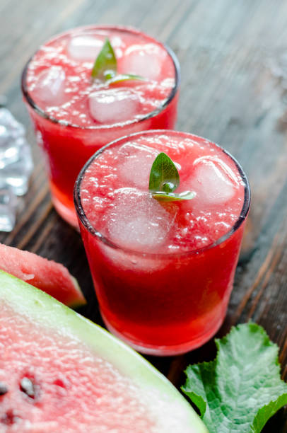istock Fresh summer watermelon lemonade in glass glasses. 1400968461