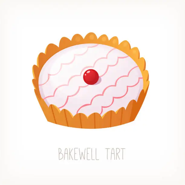Vector illustration of Bakewell tart traditional delicious English dessert with plain dough raspberry jam and almond custard cream decorated with feather icing