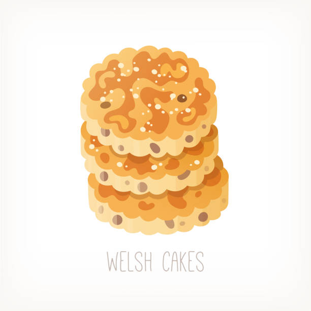 Stack of welsh cakes traditional pancakes or biscuits with raisins Stack of welsh cakes traditional pancakes or biscuits with raisins that remind scones served for breakfast with sugar butter and cream with tea or coffee. Isolated vector image welsh culture stock illustrations