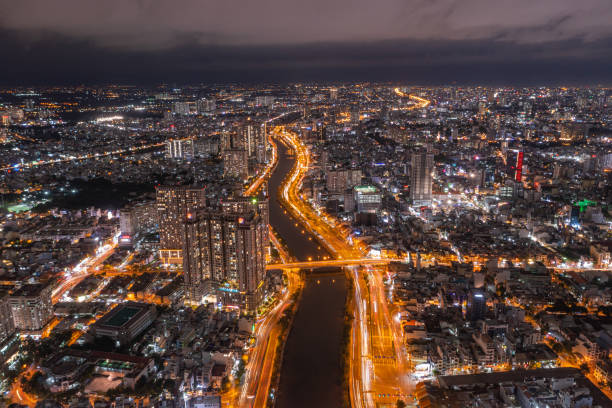 Aerial photo of Ho Chi Minh city at night stock photo