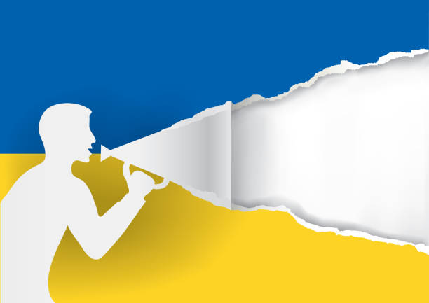 istock Torn paper man with megaphone and paper with Ukrainian flag colors. 1400974209