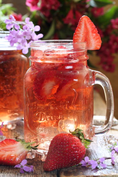 istock Strawberry drink with ice cubes on wooden table 1400974297