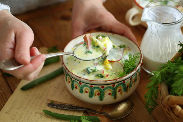 okroshka - soup cold russian culture traditional culture ストックフォトと画像