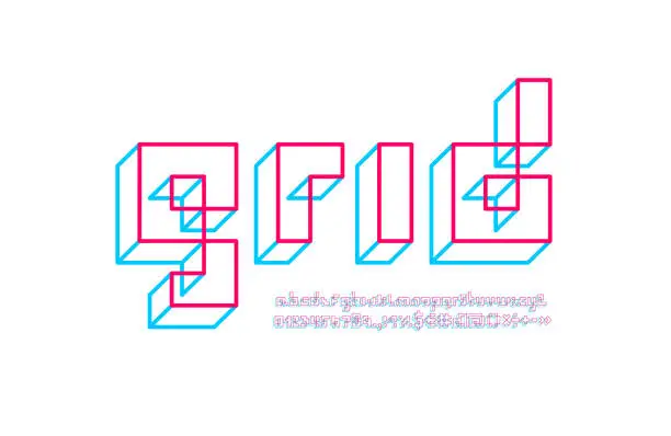 Vector illustration of Pixel font, 3d alphabet made in lines 3d style, vector illustration 10EPS