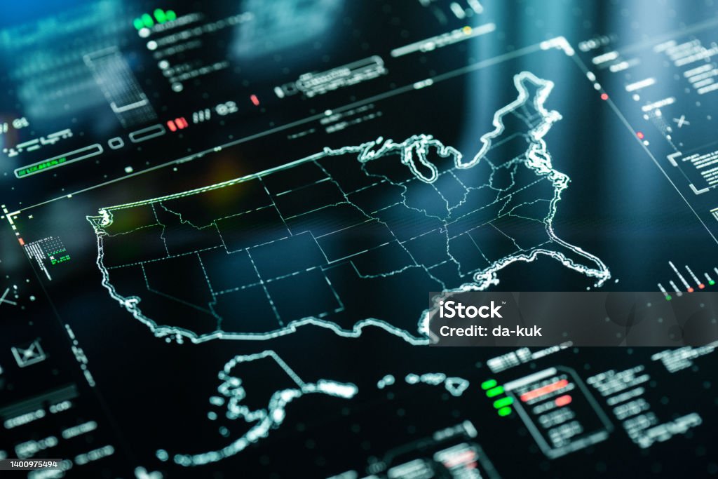 Digital Map of USA with data charts Outline map of United States of America concept with data charts representing communication, internet and technology USA Stock Photo