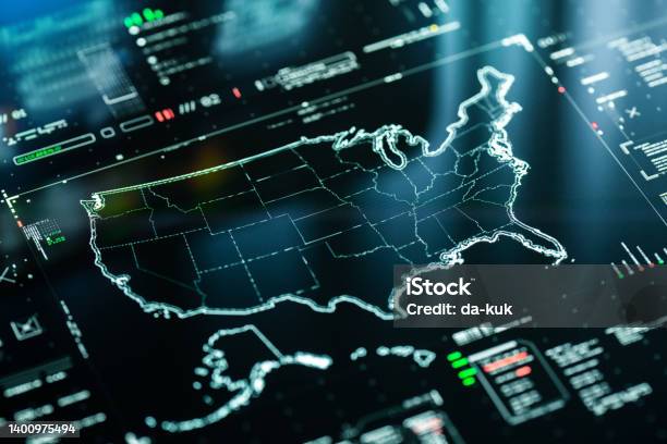 Digital Map Of Usa With Data Charts Stock Photo - Download Image Now - USA, Map, Technology