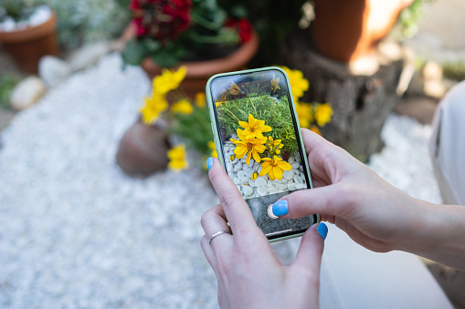 Unrecognizable Caucasian female florist taking photo of her flowers with mobile phone