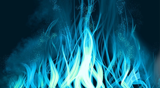 Clip art of blue flame of campfire burning in the dark
