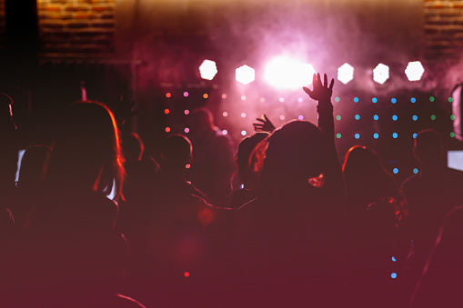 cheering crowd in front of bright red stage lights. Silhouette image of people dance in disco night club or concert at a music festival