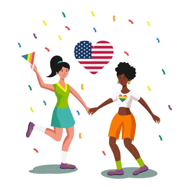 Vector illustration of LGBT family on the background of the USA flag, two women holding hands white background - Vector