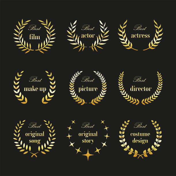 Film academy awards winners and best nominee wreaths Film academy awards winners and best nominee wreaths. Black background, gold colored nomination stock illustrations