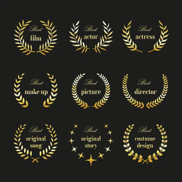 Vector illustration of Film academy awards winners and best nominee wreaths