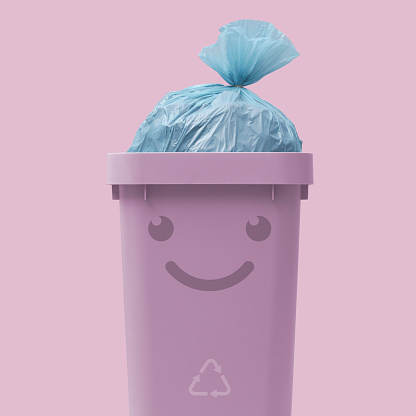 Cute smiling waste bin with garbage bag, waste disposal and recycling concept