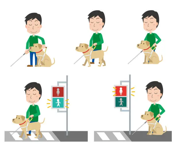 Vector illustration of Illustration set of guide dogs and visually impaired men