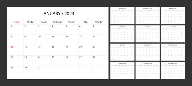 ilustrações de stock, clip art, desenhos animados e ícones de calendar 2023 week start sunday corporate design planner template. - monthly