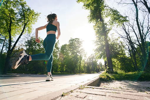 Low angle of athletic female in sportswear going jogging along street during active sunny day in open air among trees