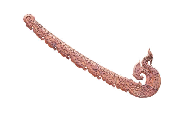 Brown wood engraving art patterns with serpent king  (naga) for decorative isolated on white background , clipping path