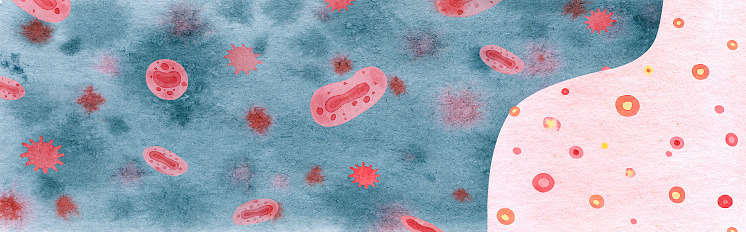 dark banner with monkeypox virus virions and sick human body with red bumps on skin on grey watercolor background. Medicine, pandemic and virology
