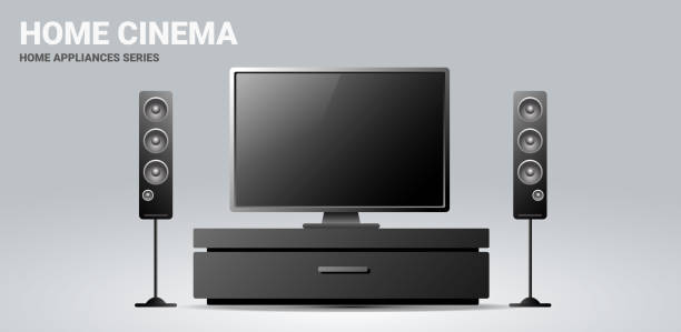 istock Vector realistic illustration of home cinema with audio system on light background. 3d style television with music speaker appliances design 1401000186