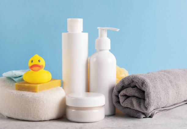 istock Bath accessories for kids on light blue background. 1401000631