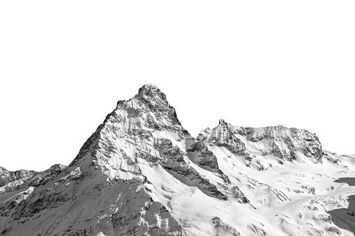 Black and white snowy mountain peak isolated on a white background