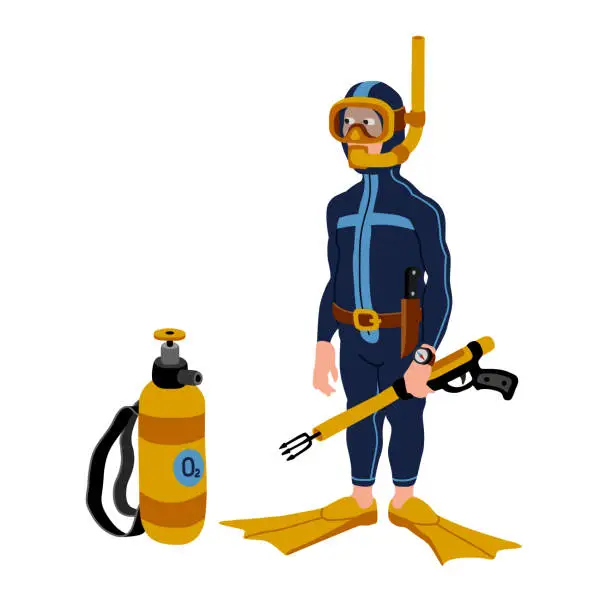 Vector illustration of A funny diver-saboteur or hunter in a diving suit with a speargun and an oxygen cylinder.