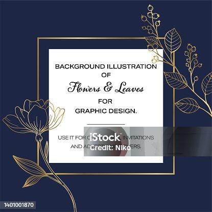 istock Design template decorated with flowers, Gold line drawings on navy background. 1401001870