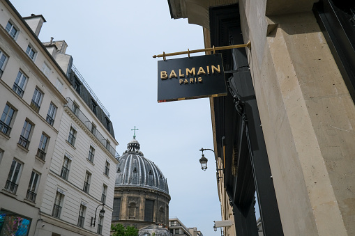 Exterior view  of Balmain clothing store in Paris, France on April 23, 2022.
