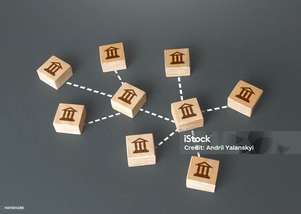 Banks connected in a information exchange network. Interbank identification system. International payment system. Financial transactions. Anti money laundering. Safety, stability. Cooperation Money Laundering Stock Photo